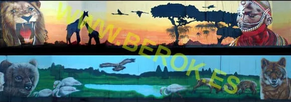 Mural de león jirafas y sabana africana en Terra Natura Murcia arte urbano zoológico