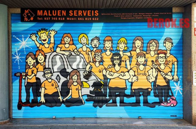 Graffiti comic cartoon para negocio de limpieza con personajes y utensilios.