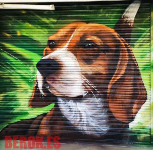 Mural graffiti perro Beagle en Huella Urbana Graffiti perro beagle realista en persiana Huella Urbana fondo verde