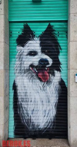 Mural graffiti perro Border Collie en persiana Graffiti perro border collie blanco y negro en persiana comercial