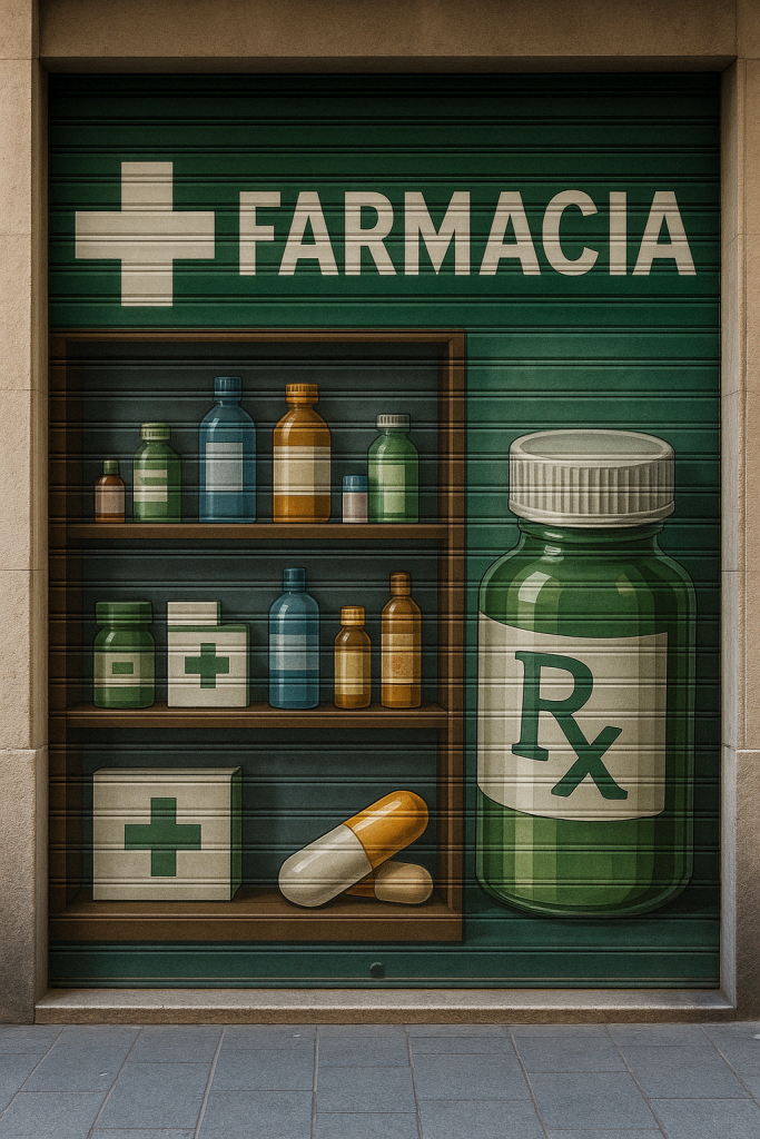 Persiana metálica decorada con un mural de farmacia hiperrealista que muestra frascos, cajas médicas, cápsulas y una botella.