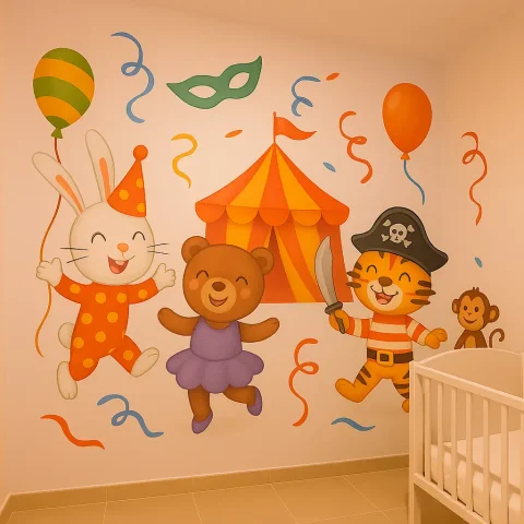 Mural de carnaval en habitación de bebé