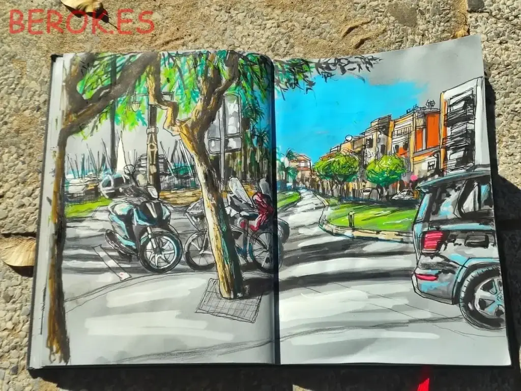 Dibujo urbano de La Fragata en Sitges con motos aparcadas