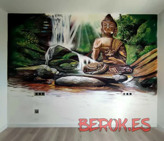 Mural de Buda con cascada y paisaje natural