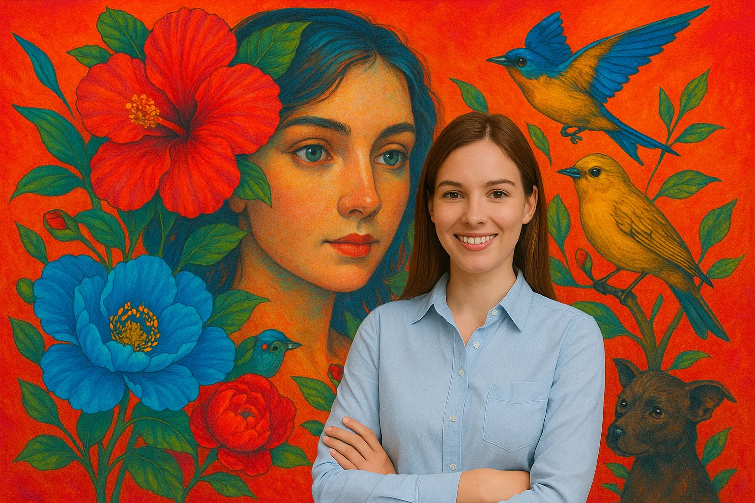 Mural surrealista con colores vibrantes, flores, pájaros y rostros artísticos, imagen para convocatoria de artistas y muralistas en busca de empleo
