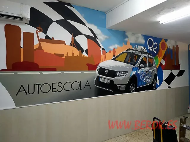Graffiti autoescuela coche y ciudad en interior mural graffiti autoescuela con coche blanco, fondo de ciudad y banderas de competición en interior