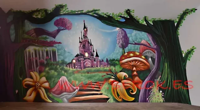 Mural de castillo de princesas en bosque fantástico
