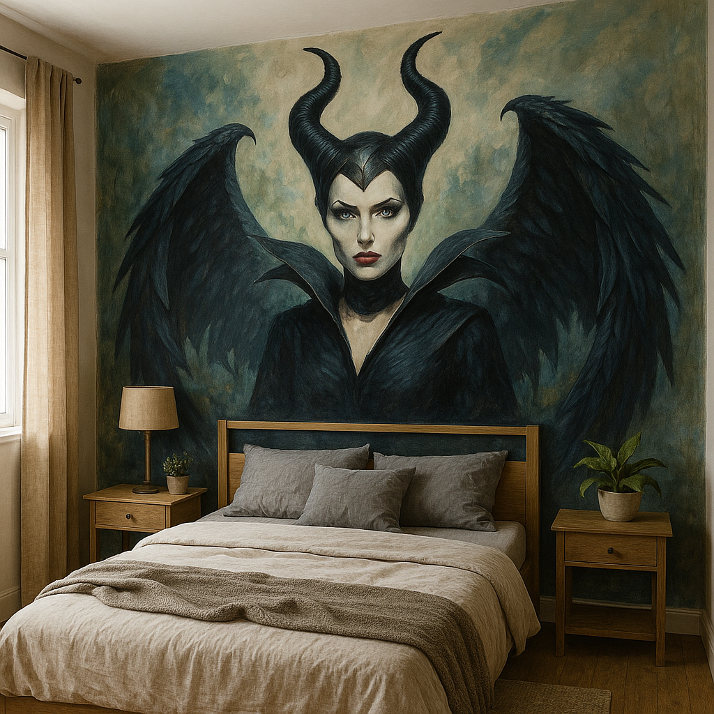 Mural de Maléfica pintado a mano en una habitación, con cuernos negros, alas oscuras y fondo mágico.