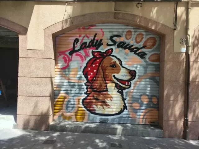 Graffiti mural en Manresa, Bages de Lady Sauda, arte urbano pintado en persiana metálica.