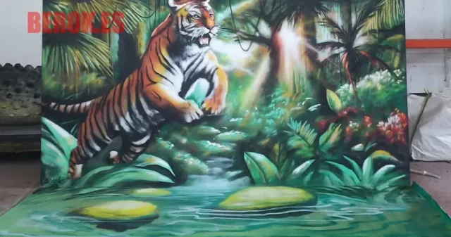 Graffiti 3D de tigre en paisaje selvático