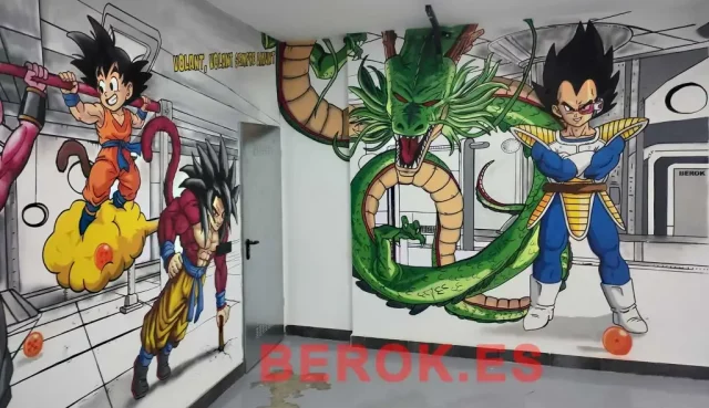 Graffiti Goku Vegeta Shenron gimnasio Barcelona Bola de Drac Graffiti Goku Vegeta Shenron gimnasio Barcelona mural Bola de Drac personajes anime