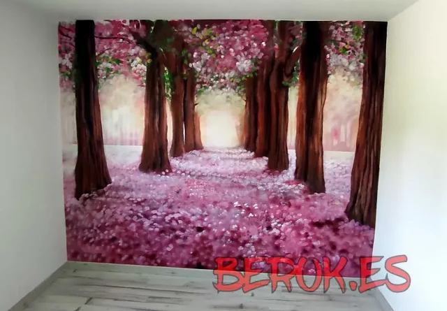 Mural de bosque con árboles y flores rosas
