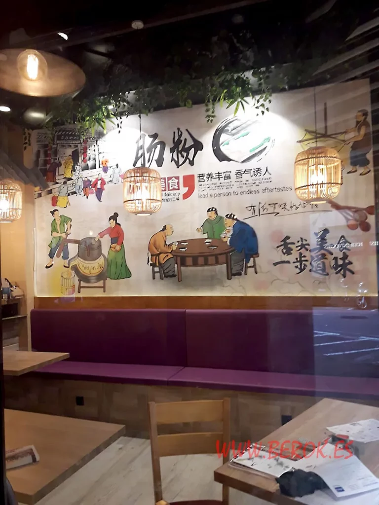 Mural japonés con escenas tradicionales y caracteres orientales en restaurante