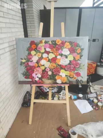 Cuadro de rosas pintado al óleo para cumpleaños Happy Birthday