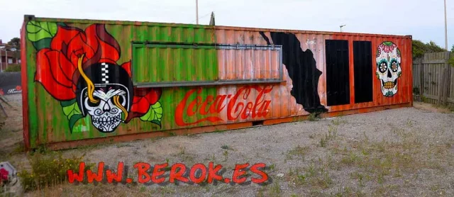 Graffiti de calaveras mexicanas y rosas en contenedor con estilo Kauai