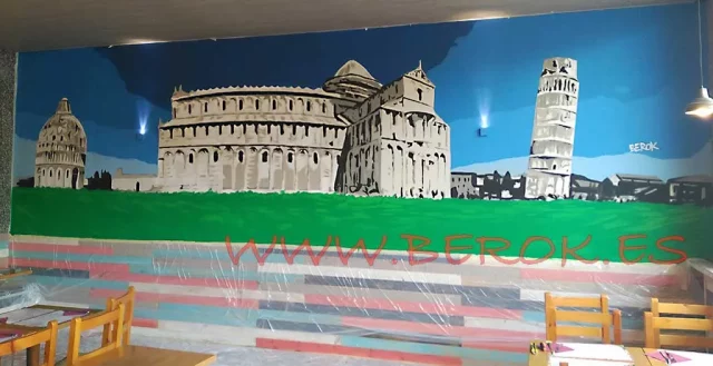 Mural con la torre de Pisa y la catedral de Italia pintado en pizzería de Mollet