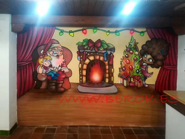 Mural navideño con Papá Noel, chimenea y árbol de Navidad en interior infantil