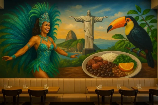 Mural hiperrealista con temática brasileña en restaurante rodizio