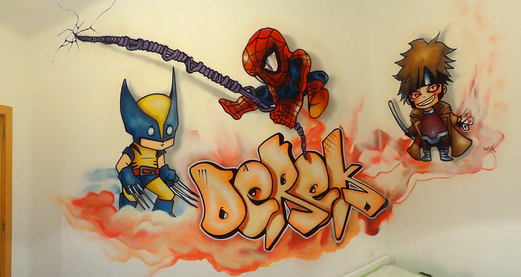 Graffiti mural infantil con Spiderman, Lobezno y Gambito en pared de habitación