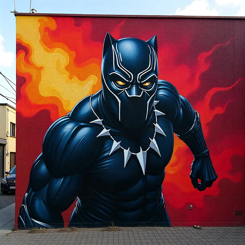 Graffiti de Black Panther realista con fondo de fuego y contraste urbano