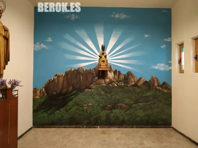 Mural Montserrat y Virgen en parroquia de L’Hospitalet Mural de Montserrat con la Virgen entronizada en parroquia de L’Hospitalet