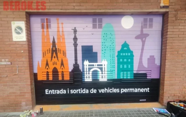 Graffiti minimalista de la Sagrada Familia y edificios de Barcelona