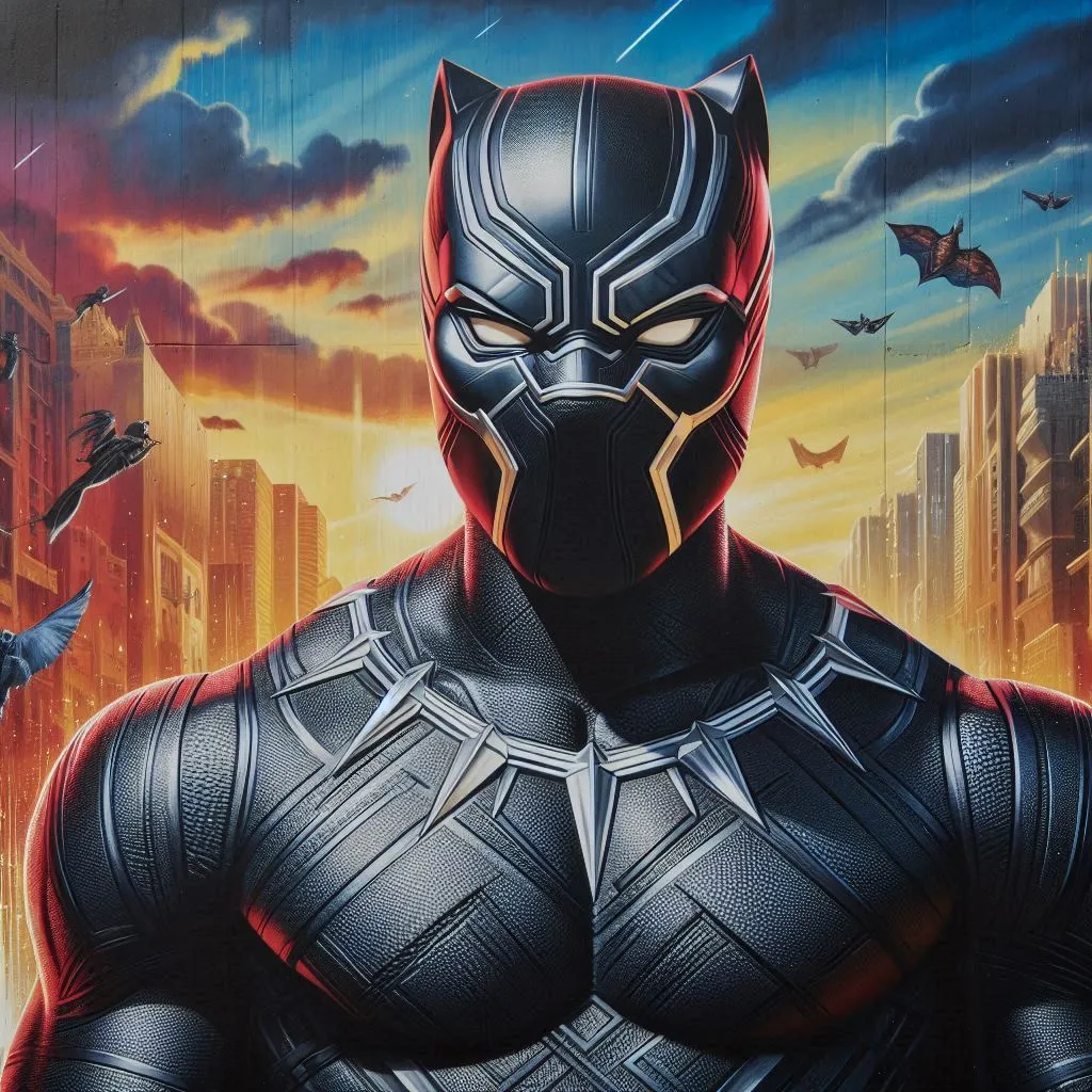 Mural de Black Panther con fondo urbano y luces al atardecer