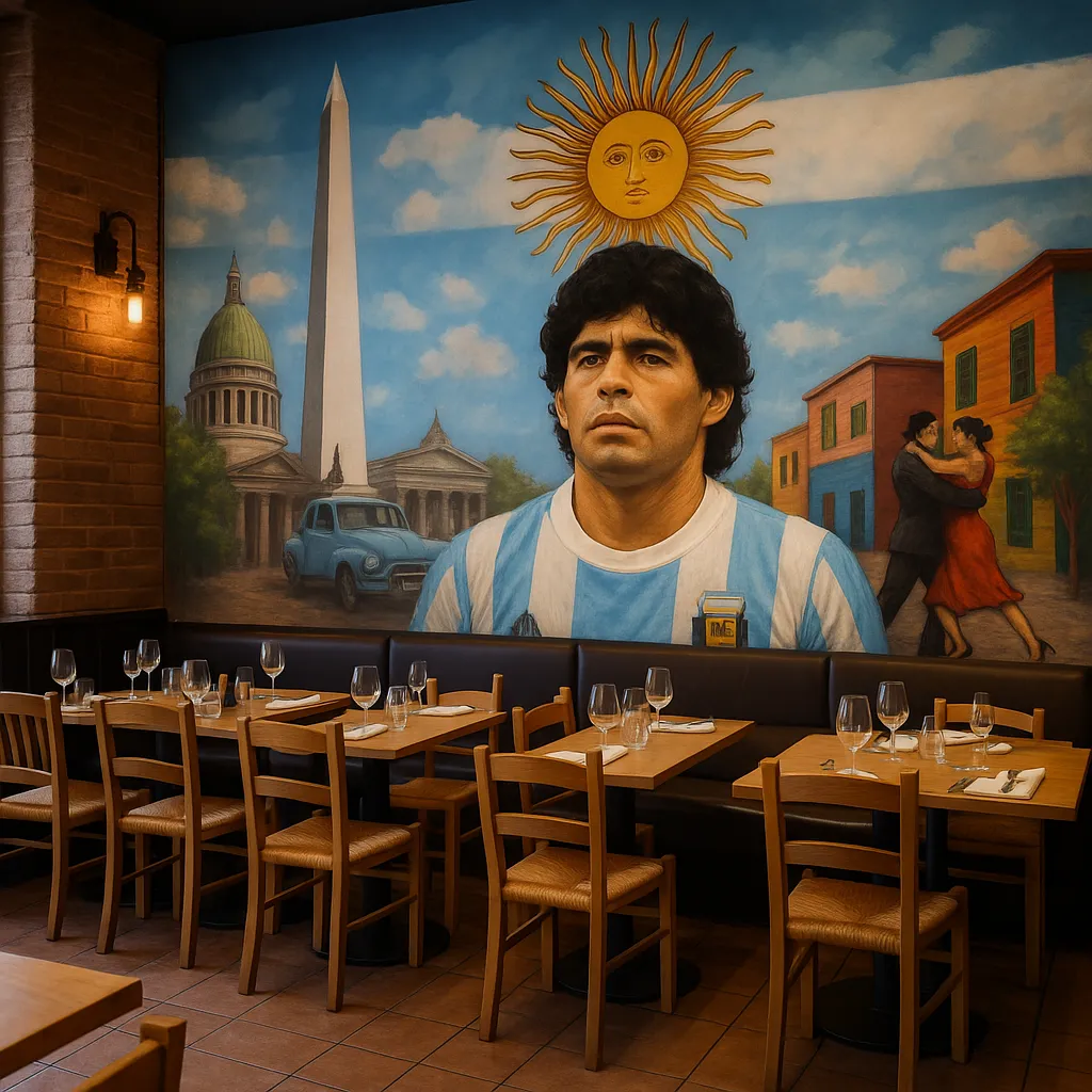 Mural restaurante argentino con Diego Armando Maradona, tango y obelisco en graffiti artístico