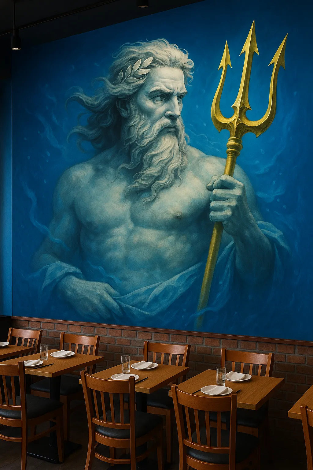 Mural de Poseidón con tridente dorado en restaurante griego