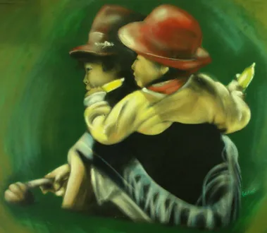 Mural con madre ecuatoriana cargando a su hijo sobre fondo verde