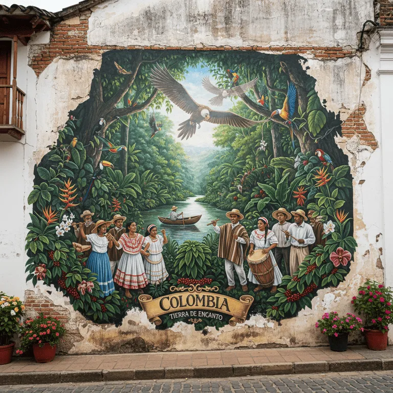 Mural artístico con paisaje montañoso y escenas rurales pintado sobre ladrillo