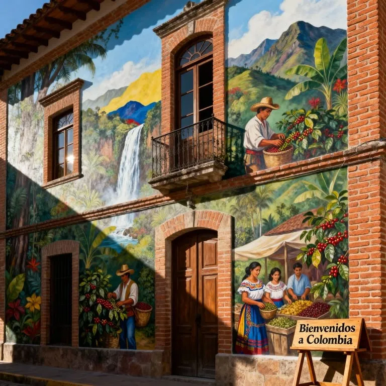 Mural realista con paisajes colombianos y escenas culturales pintado en pared exterior