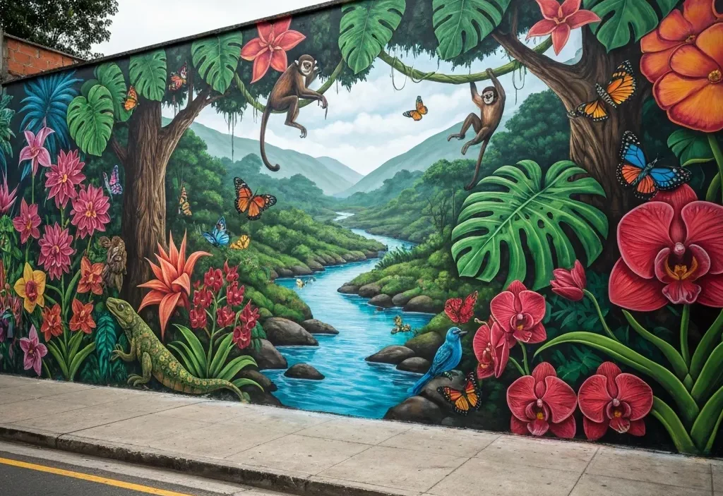 mural colorido en Bucaramanga con río, selva tropical y animales
