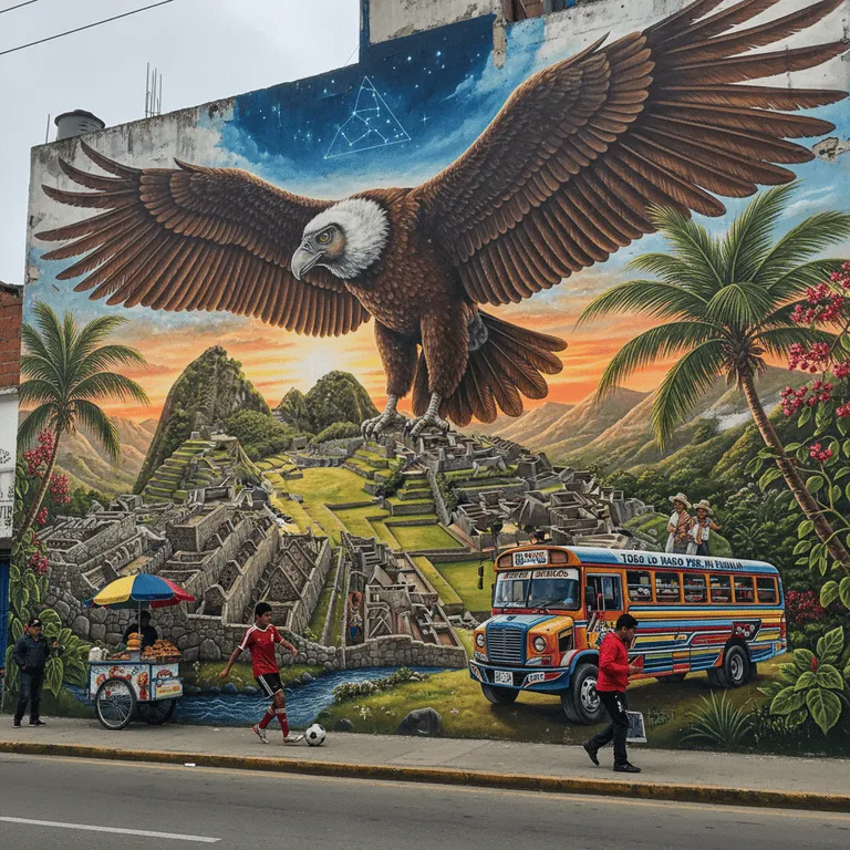 Mural urbano de cóndor gigante sobre paisaje andino con ciudad ancestral y elementos culturales peruanos