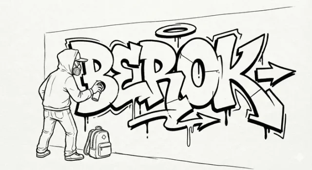 Graffiti Dibujos Animados para Pintar - Joven artista urbano Graffiti dibujos animados de un chico joven con gorra y sudadera pintando letras de graffiti en un muro de ladrillos, estilo cómic realista.
