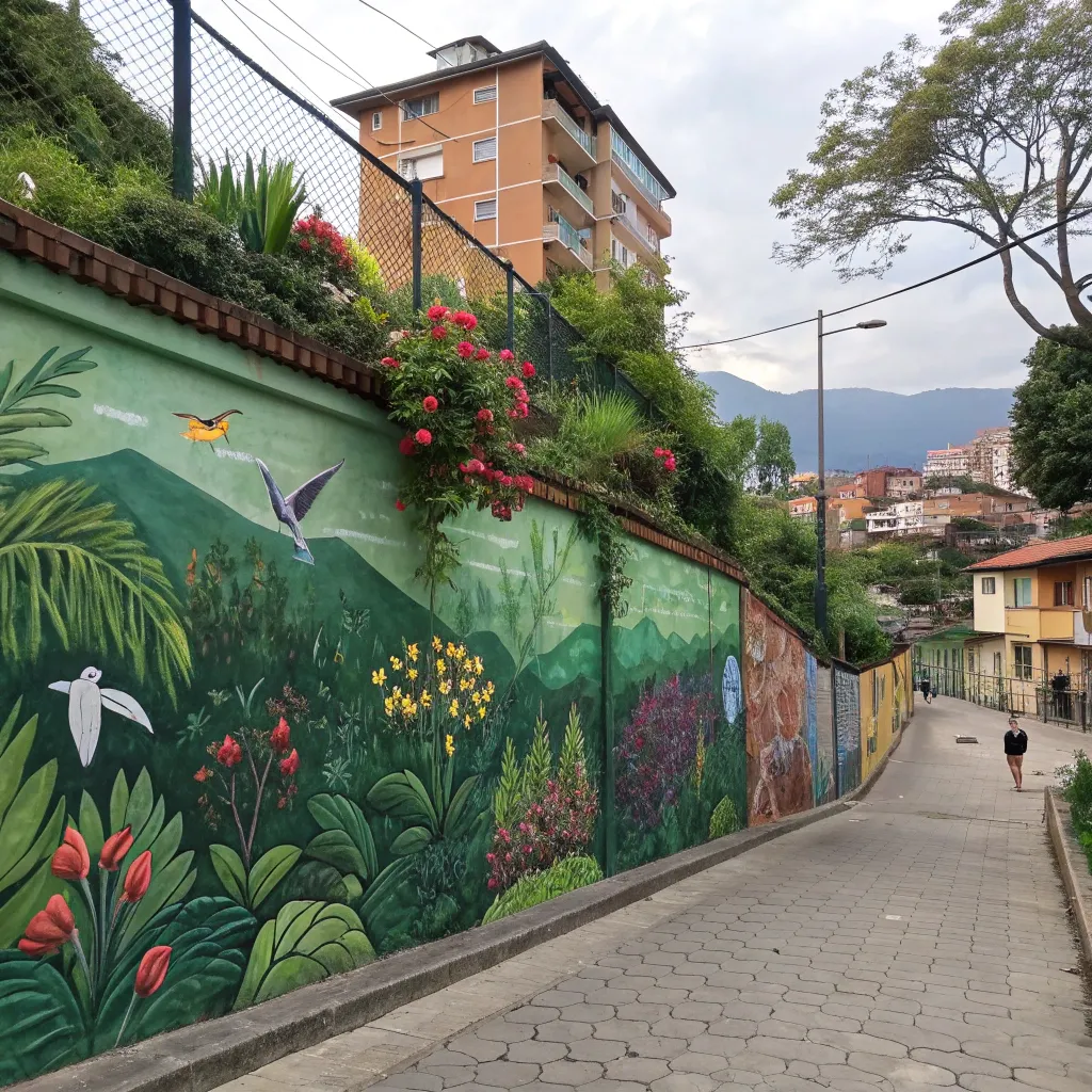 mural naturalista en Bucaramanga con paisaje verde, flores tropicales y aves