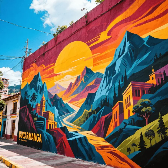 Graffiti colorido en Bucaramanga con montañas, sol y arquitectura urbana pintado sobre muro exterior.
