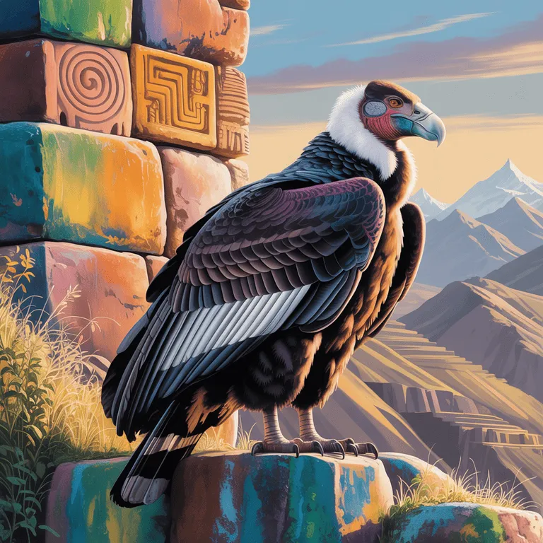 Cóndor realista posado en piedras con motivos preincaicos y montañas andinas al fondo