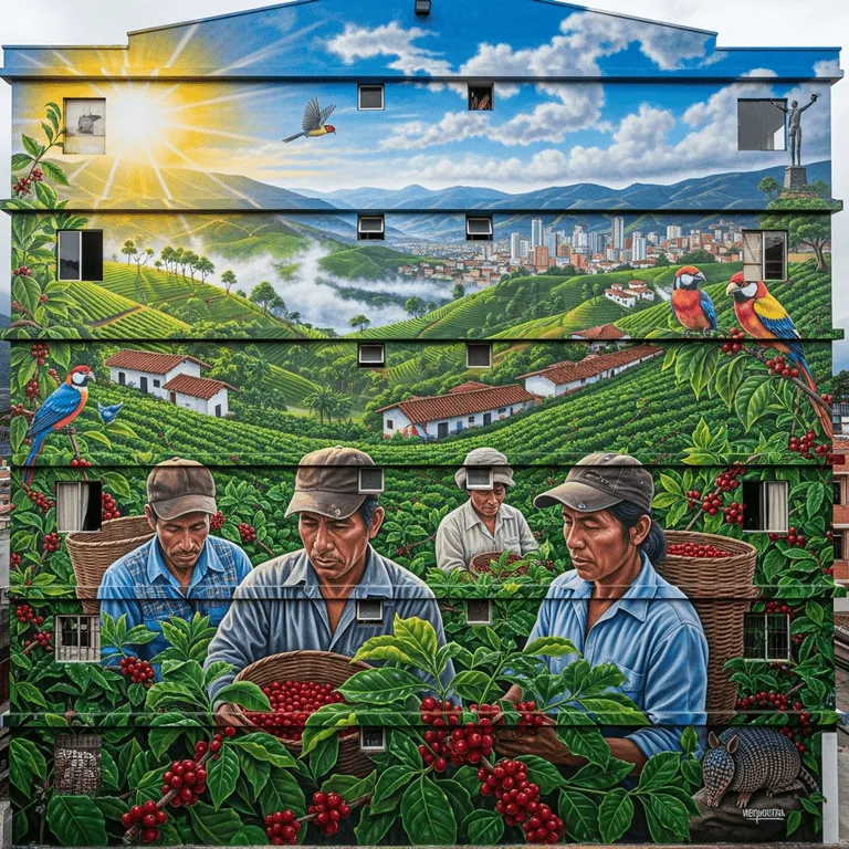 Mural realista en Pereira con campesinos recolectando café en las montañas del Eje Cafetero colombiano.