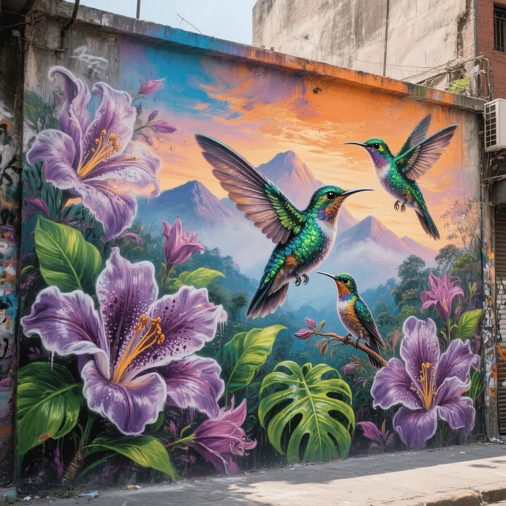 Mural urbano de colibríes entre flores tropicales y montañas al atardecer, pintado con colores vivos y técnica realista.