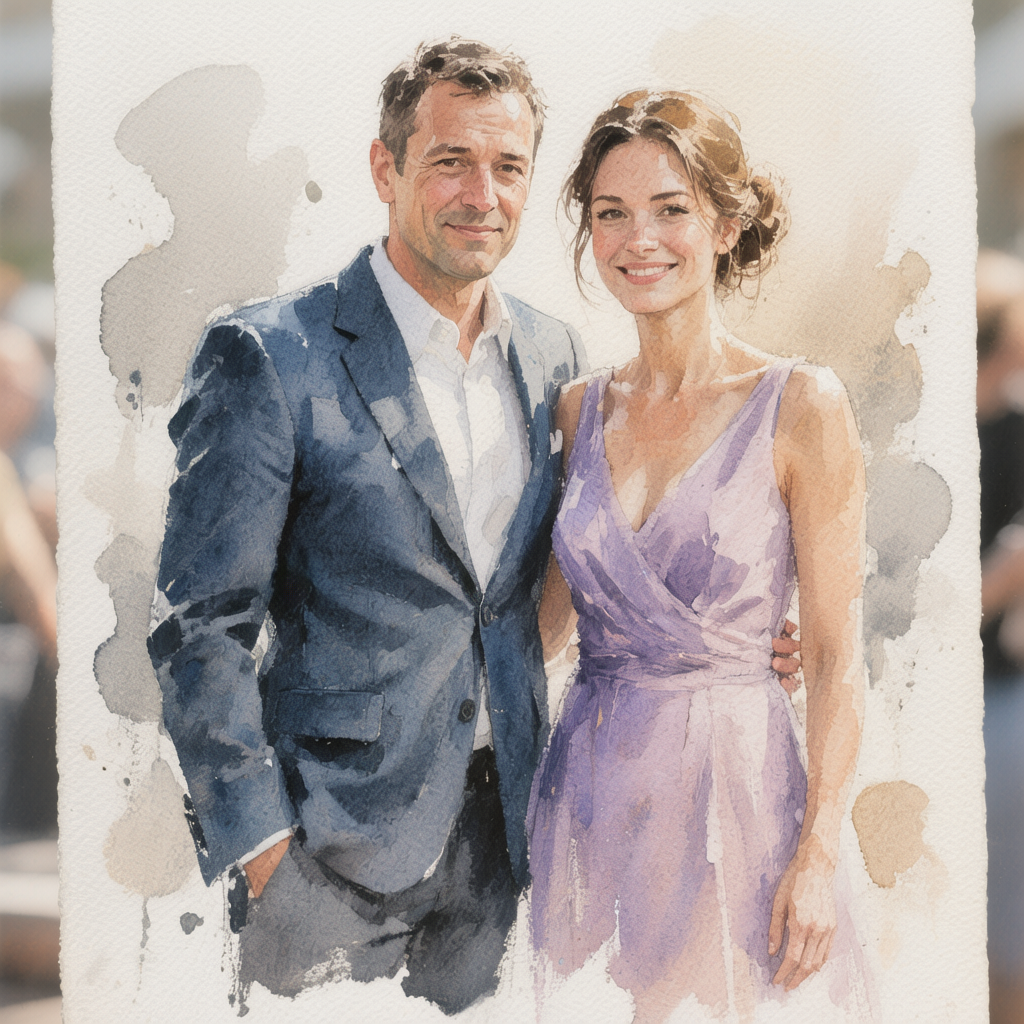 retrato en acuarela de pareja elegante pintado en directo durante un evento en Barcelona