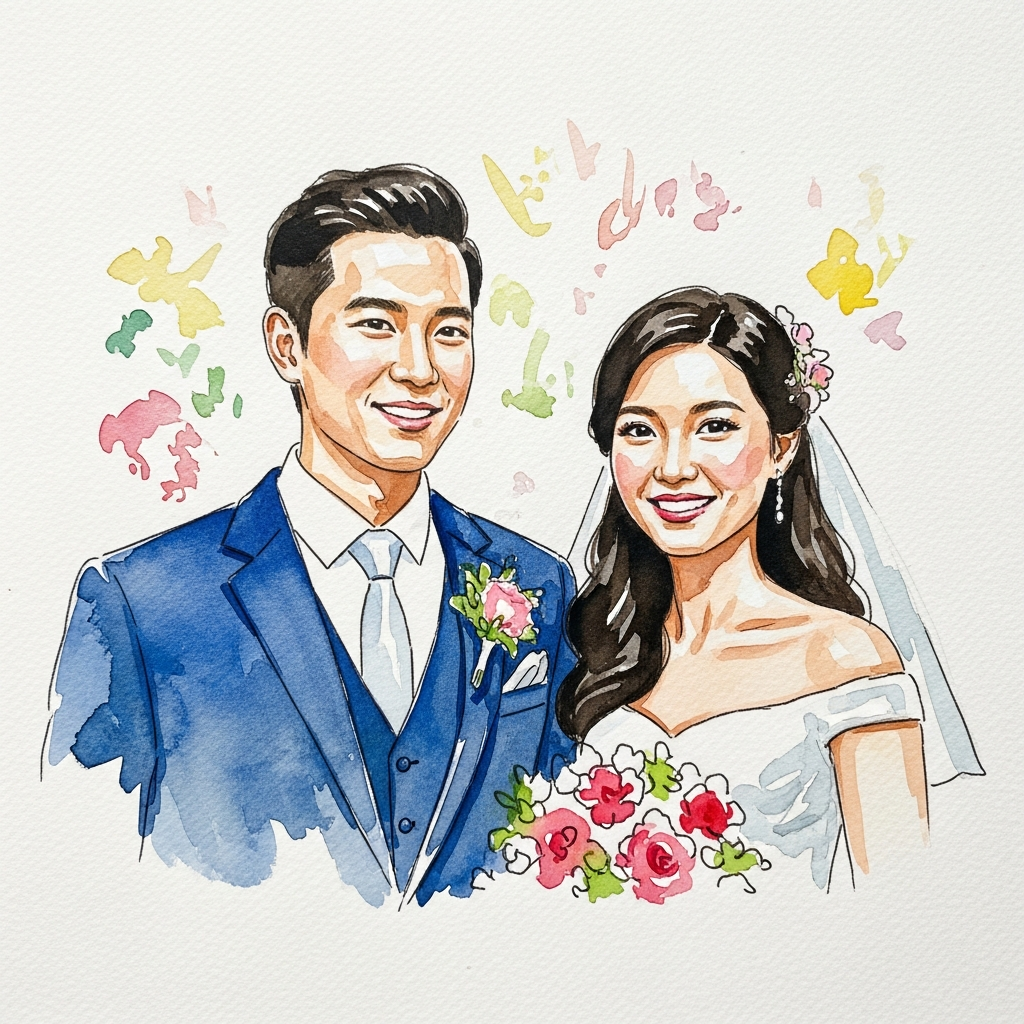 pintura en acuarela de pareja de boda con flores y trajes nupciales en Barcelona