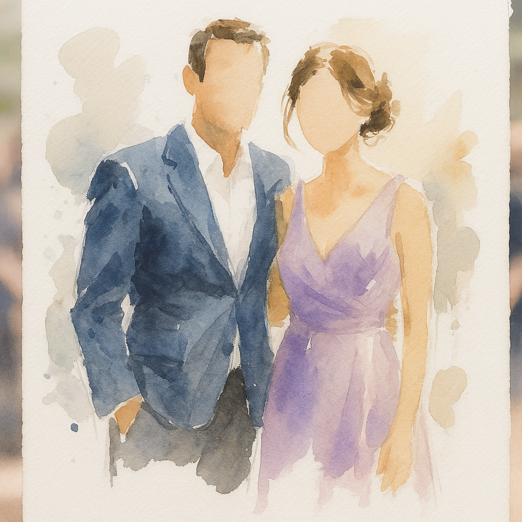 retrato artístico en acuarela de pareja en boda realizado por artista en directo en Barcelona