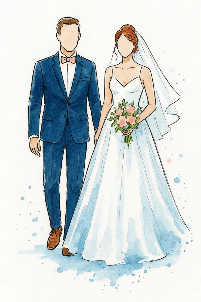 Ilustración de una pareja de recién casados en estilo acuarela, arte en directo para bodas y eventos con retratos personalizados.