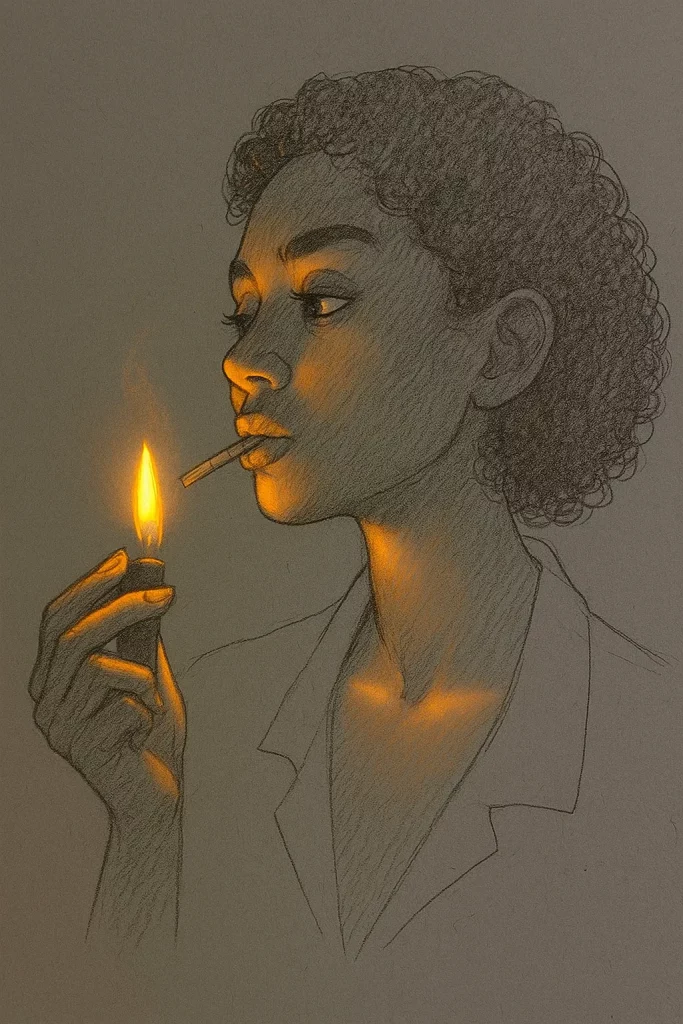 Dibujo a lápiz de una mujer mulata con pelo rizado encendiendo un cigarrillo con un mechero, iluminada por el reflejo cálido de la llama sobre papel gris.