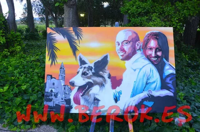 Live Painting para boda con retrato realista Pintura en directo durante boda con retrato artístico al aire libre y fondo cálido