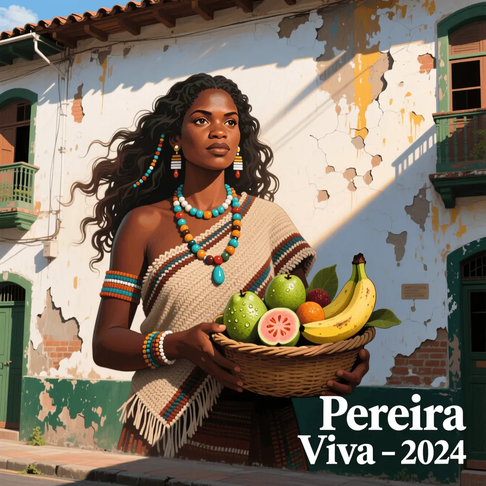 Mural artístico en Pereira con mujer afrocolombiana sosteniendo frutas tropicales frente a una casa colonial.