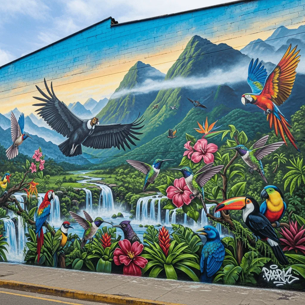 Mural colorido de aves tropicales sobre paisaje de selva con montañas y cascadas, pintado por artista urbano profesional.