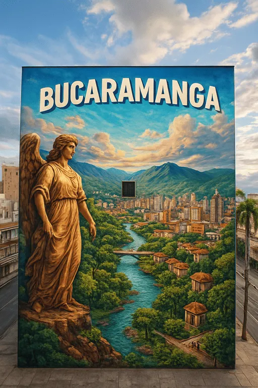 Mural artístico de Bucaramanga con figura angelical, río y paisaje urbano pintado a mano en fachada.