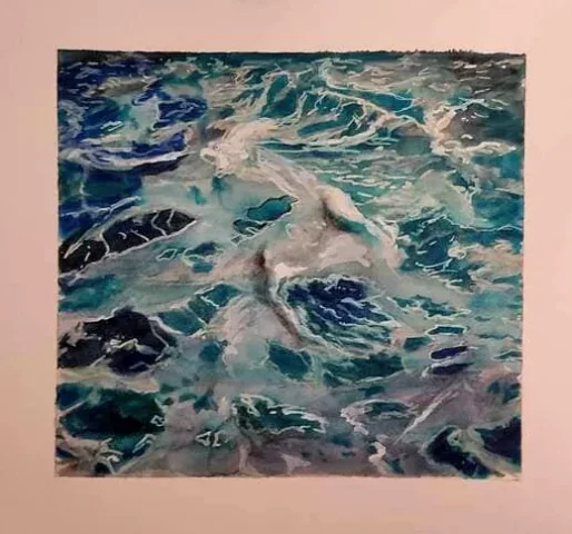 Pintura abstracta de agua y mar en acuarela. Pintura artística de agua marina con olas abstractas en tonos azules.
